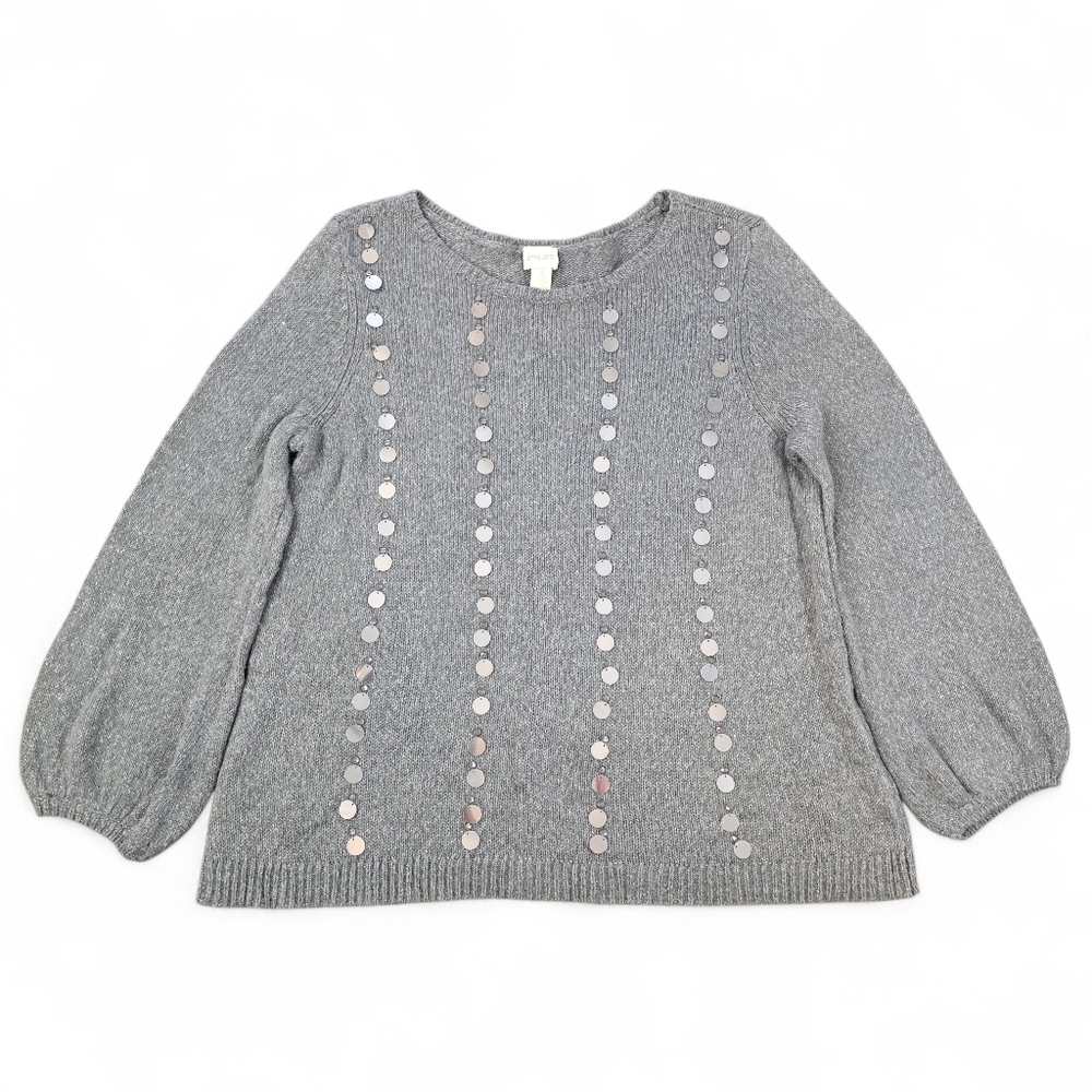 Chico’s Gray Sequin Embellished Metallic Knit Sweater Balloon Sleeve Size 3 XL